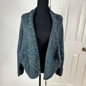 Lane Bryant Women 14/16 Teal Marled Wool Blend Cocoon Open Front Cardigan